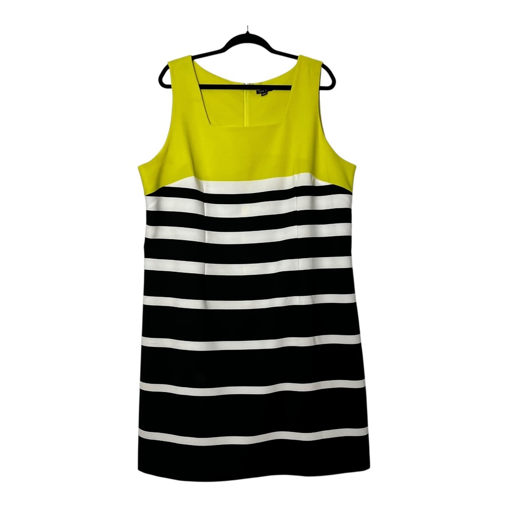 Voir Voir Womens 20W Lime Yellow Black White‎ Striped Sleeveless Sheath Dress